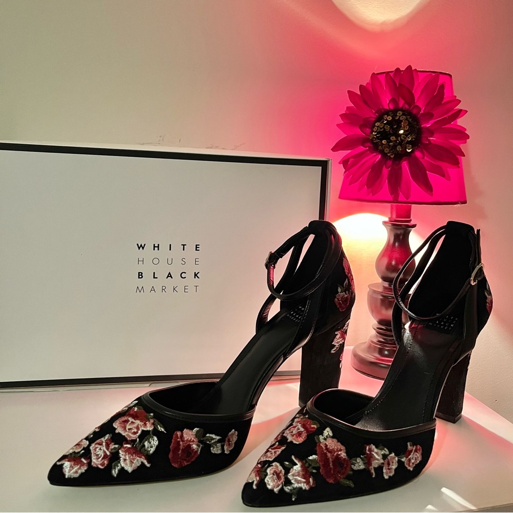 WHBM Aurora Black Suede Floral Embroidered Chunky Heels, Brand New, Size 8